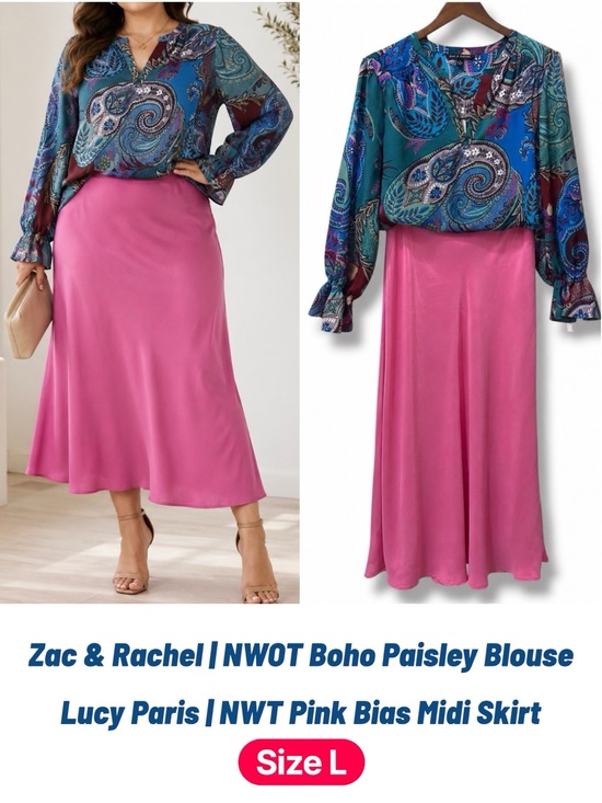 Lucy Paris Dresses & Skirts - Bundle Set NWT Lucy Paris Pink Midi Skirt & Zac & Rachel Boho Paisley Blouse (L